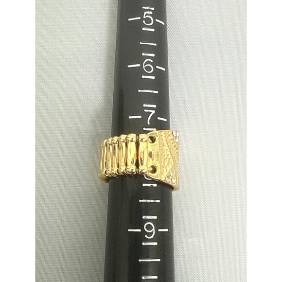 Gold-Tone Statement Ring With Rhinestones & Textured Detail - Picture 2 of 6